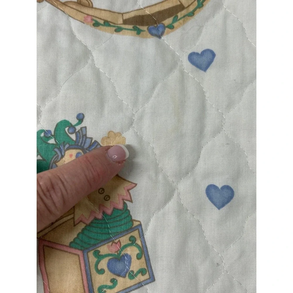Vintage Baby Blanket 1980's Rocking Horses Trains Bears Jack-in-Box Toys